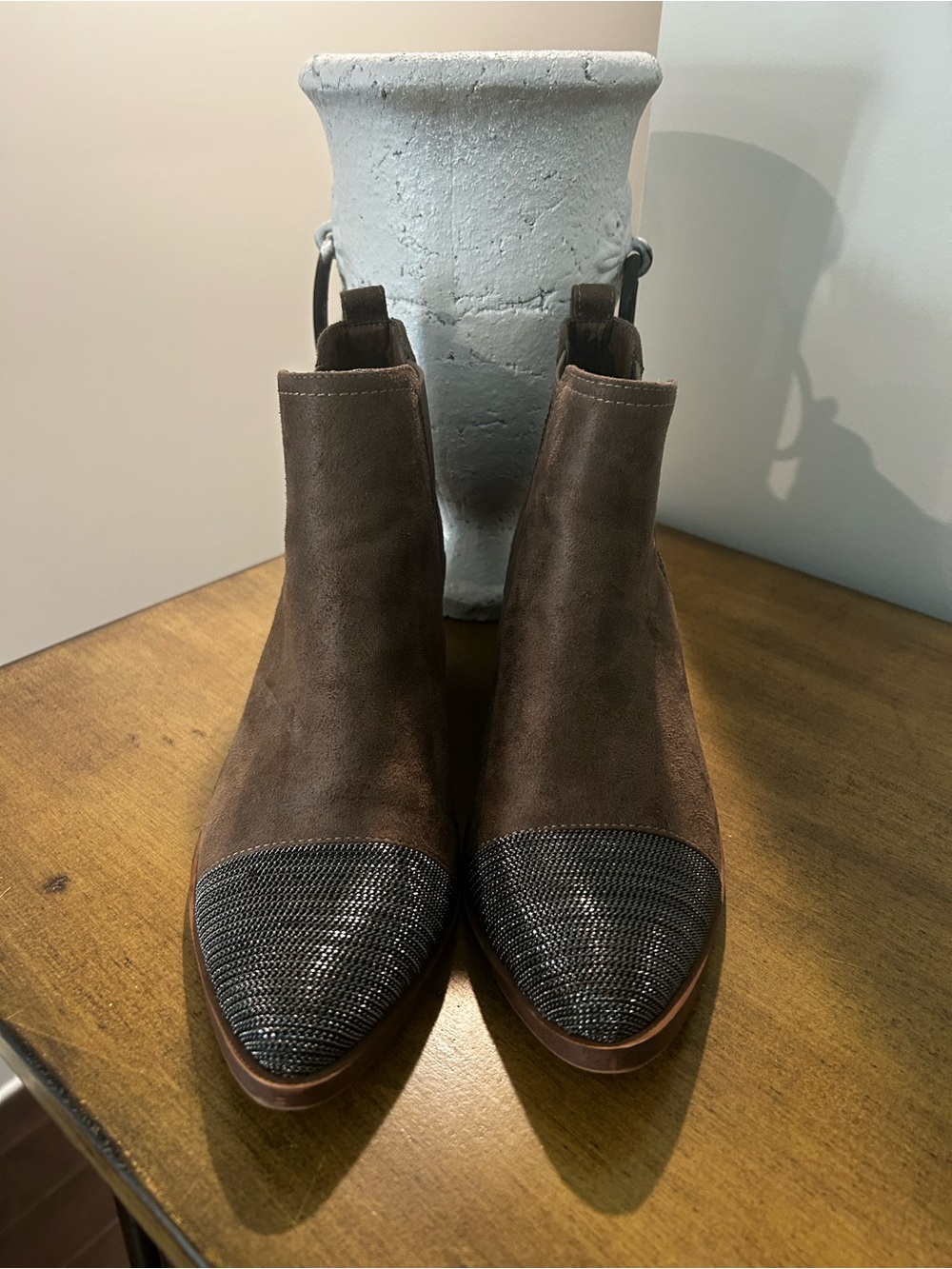 Report Brown Faux Suede Ankle Boots w/ Metallic Toe
